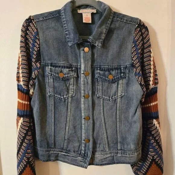 Flying Tomato Size Medium Boho Sweater Sleeve Denim Jacket - Picture 6 of 10
